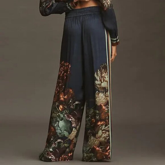 Anthropologie Conditions Apply Imara Satin Wide-Leg Pants Blue Floral MP NWT M P - Picture 4 of 6